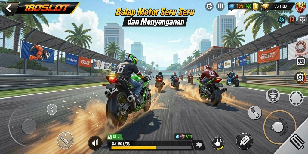 Screenshot gameplay 180SLOT yang menampilkan balapan motor yang mendebarkan.