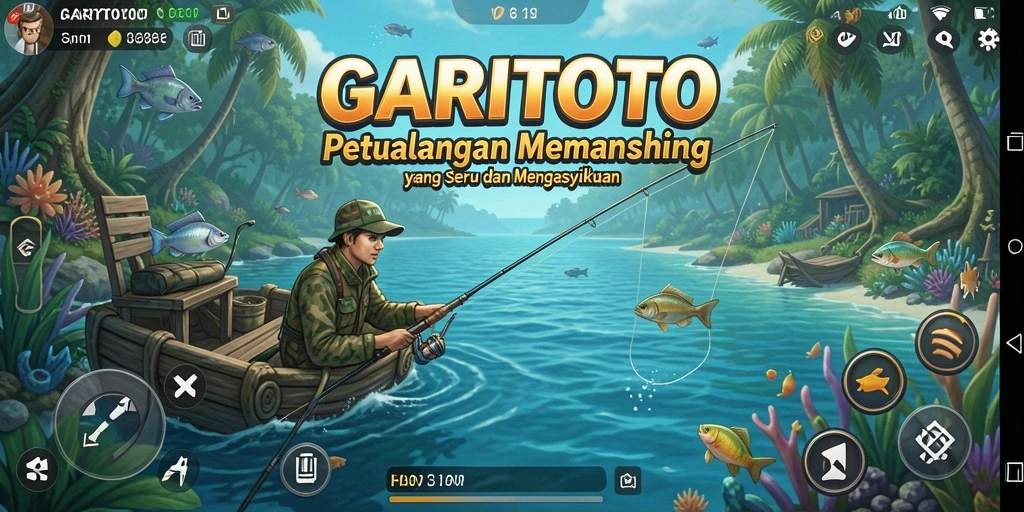 Tampilan gameplay GARITOTO saat memancing di lokasi indah.