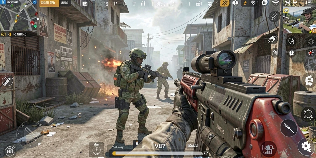 Tampilan menarik di pertempuran FPS V87 dengan aksi yang mendebarkan.